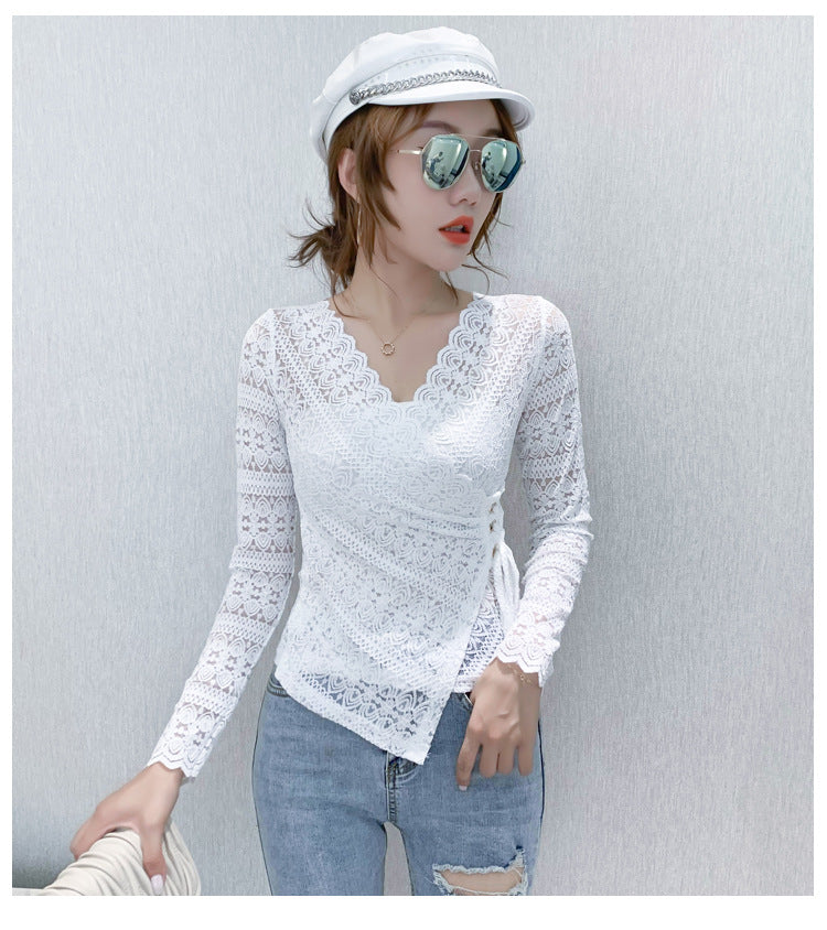 Lace Top Women Long Sleeve T Shirt Sexy V Neck