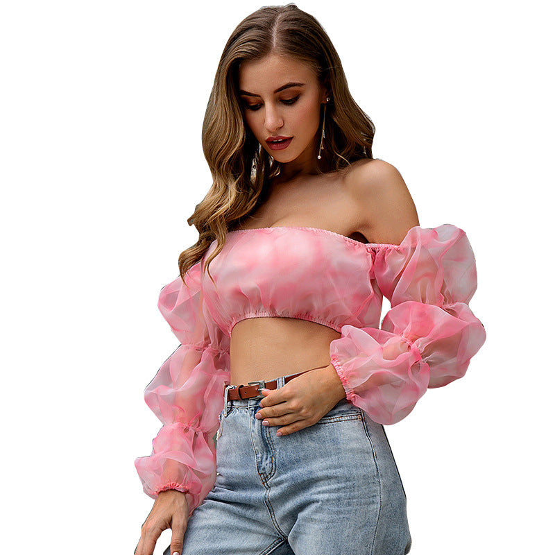 One-shoulder short chiffon puff sleeve blouse