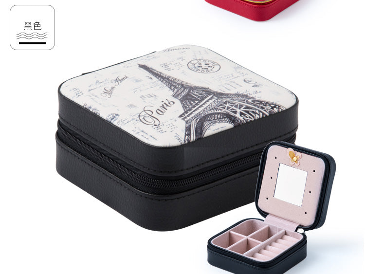 Women Jewelry Organizer Box PU Leather Travel Makeup Cosmetic Case with Mirror & Zipper