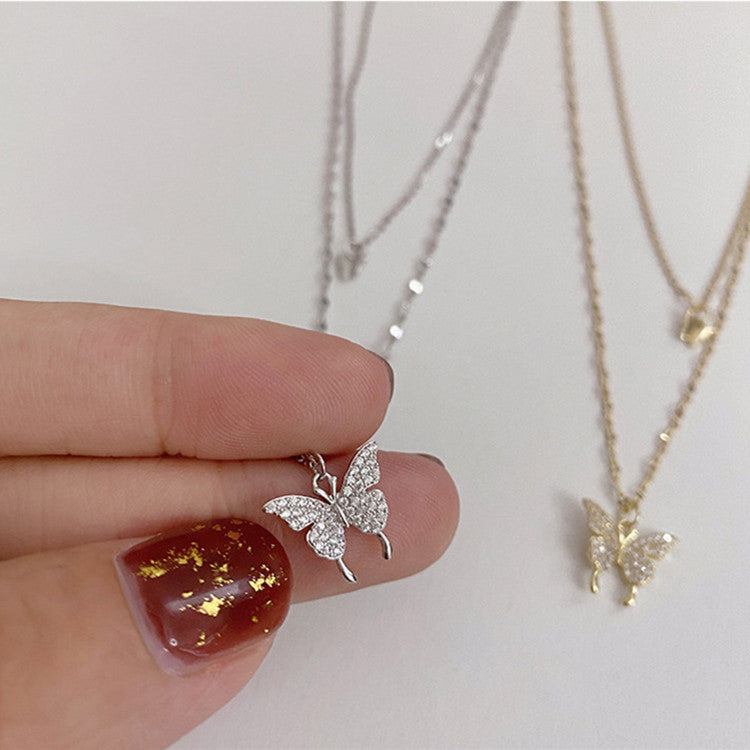 Fashion Jewelry Flash Diamond Butterfly Double-layer Necklace Women's Simple Design Sense