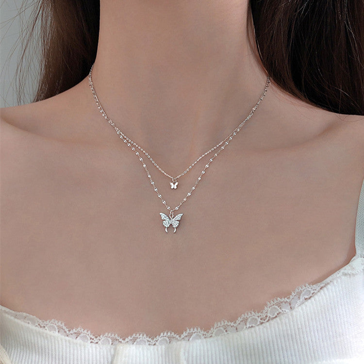 Fashion Jewelry Flash Diamond Butterfly Double-layer Necklace Women's Simple Design Sense