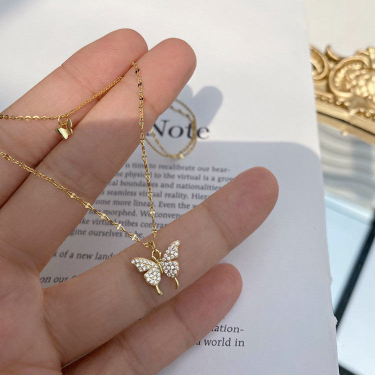 Fashion Jewelry Flash Diamond Butterfly Double-layer Necklace Women's Simple Design Sense