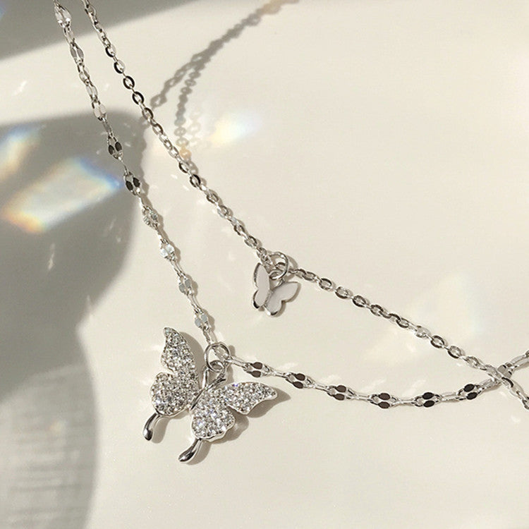 Fashion Jewelry Flash Diamond Butterfly Double-layer Necklace Women's Simple Design Sense