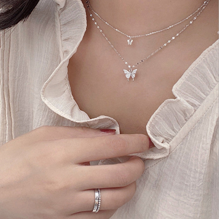 Fashion Jewelry Flash Diamond Butterfly Double-layer Necklace Women's Simple Design Sense