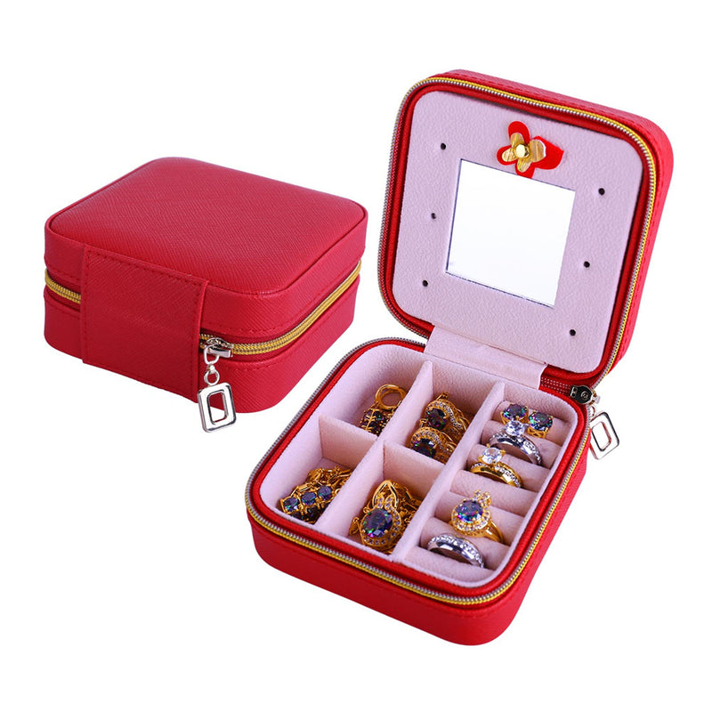 Women Jewelry Organizer Box PU Leather Travel Makeup Cosmetic Case with Mirror & Zipper