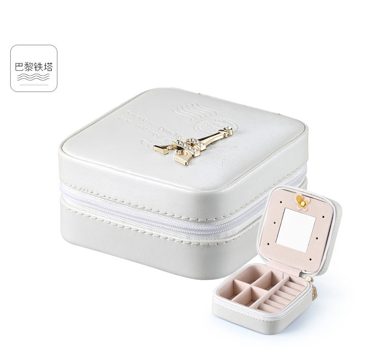 Women Jewelry Organizer Box PU Leather Travel Makeup Cosmetic Case with Mirror & Zipper