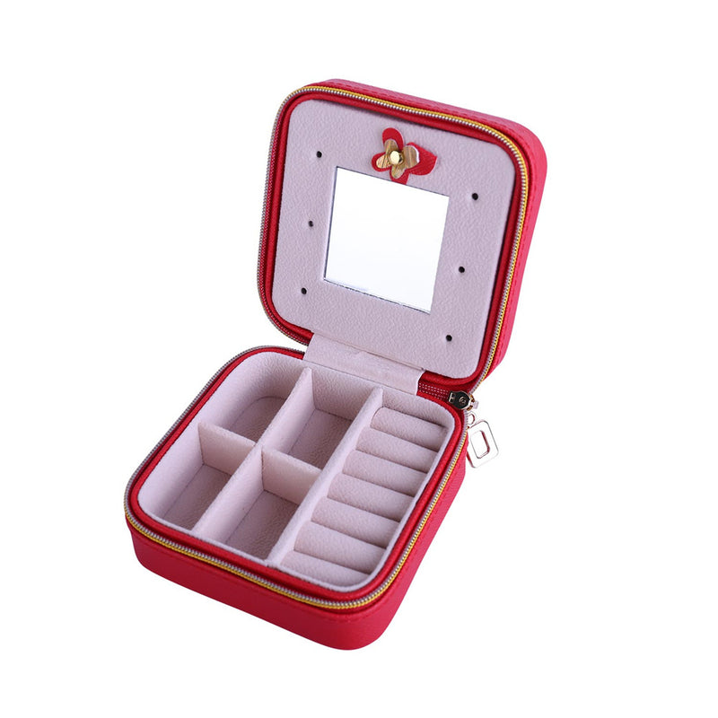 Women Jewelry Organizer Box PU Leather Travel Makeup Cosmetic Case with Mirror & Zipper