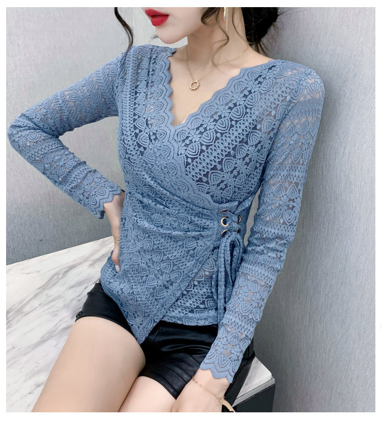 Lace Top Women Long Sleeve T Shirt Sexy V Neck